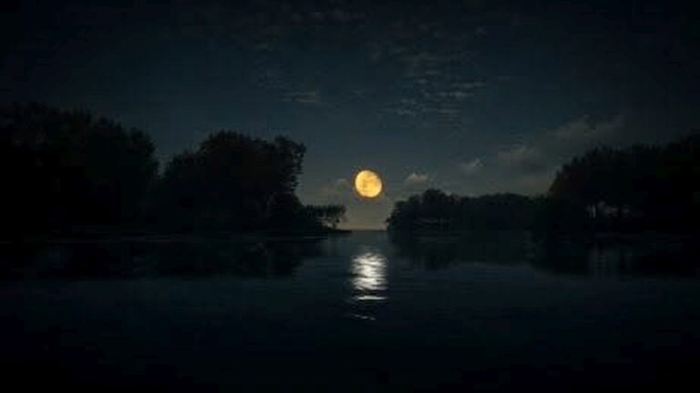 Picture of the moon over a river in the dark of night.