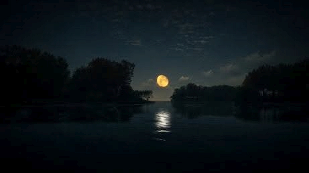 Picture of the moon over a river in the dark of night.